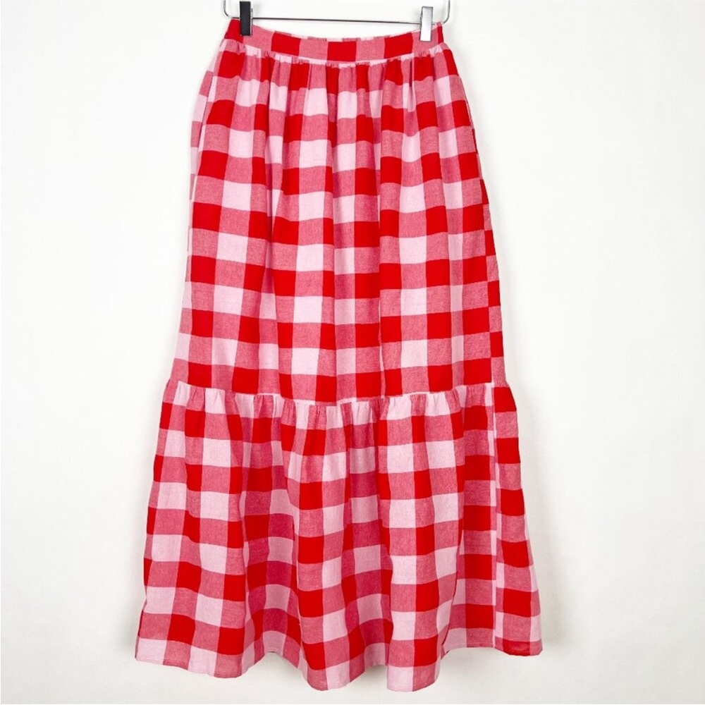 NWOT English Factory Gingham Midi Skirt Womens Size S Pink Red Pockets Tiered